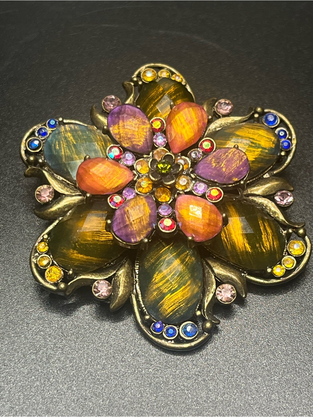 Vintage statement flower brooch iridescent resin rhinestone pin multicolor